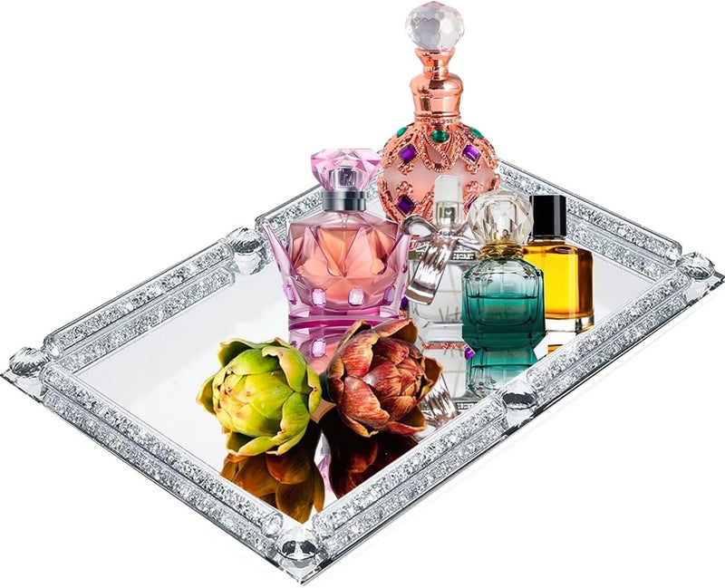 LFGKeng Large Crystal Tray, Glass Mirror Modern Jewelry Trinket Trays with Crushed Diamond, 15.7" x 11.8" Rectangular Makeup Perfume Tray for Bathroom Bedroom, Home Decor, Hotel Banquet, Party (Silver C) - Image 1